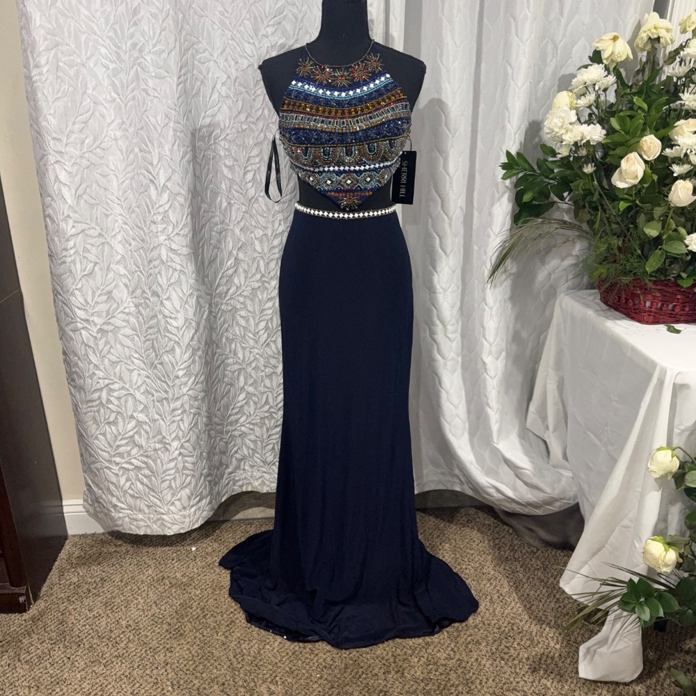 Navy Blue Beaded Top Prom Dress Style 90915 Size 2 Elegant Formal Sherri hill